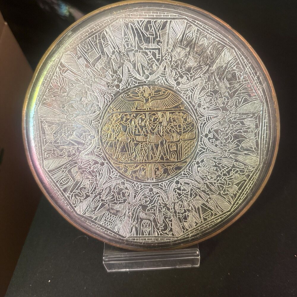 Antique Middle Eastern 7”Mixed Metal Tray Silver & Copper Brass Inlay